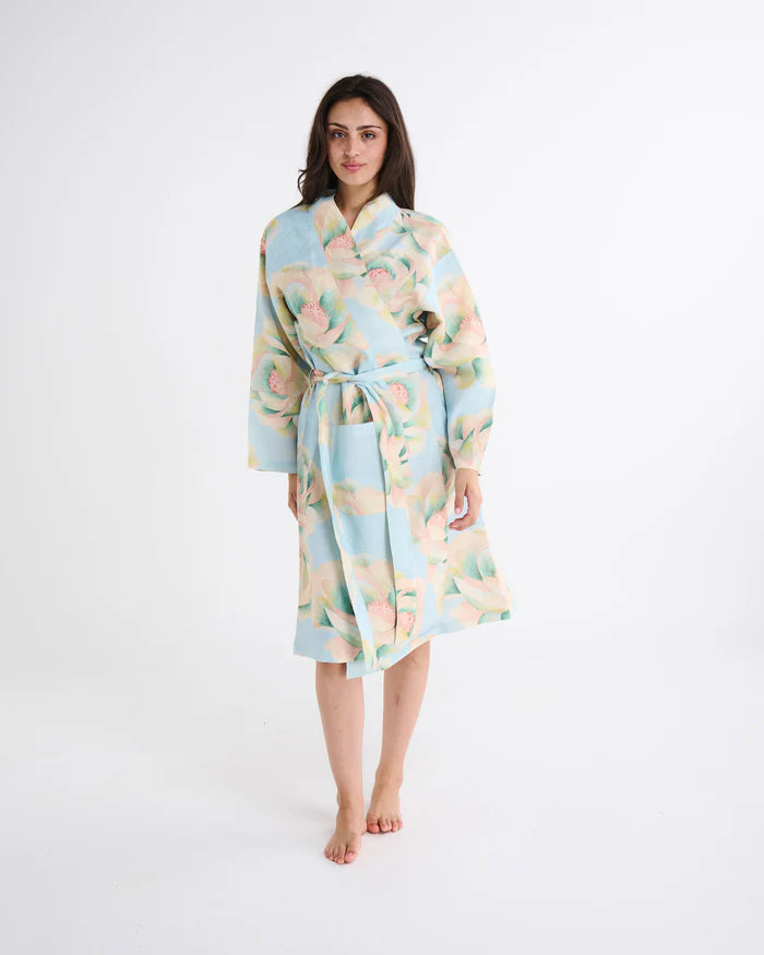 Kip & Co Big Beauty Floral Blue Linen Robe