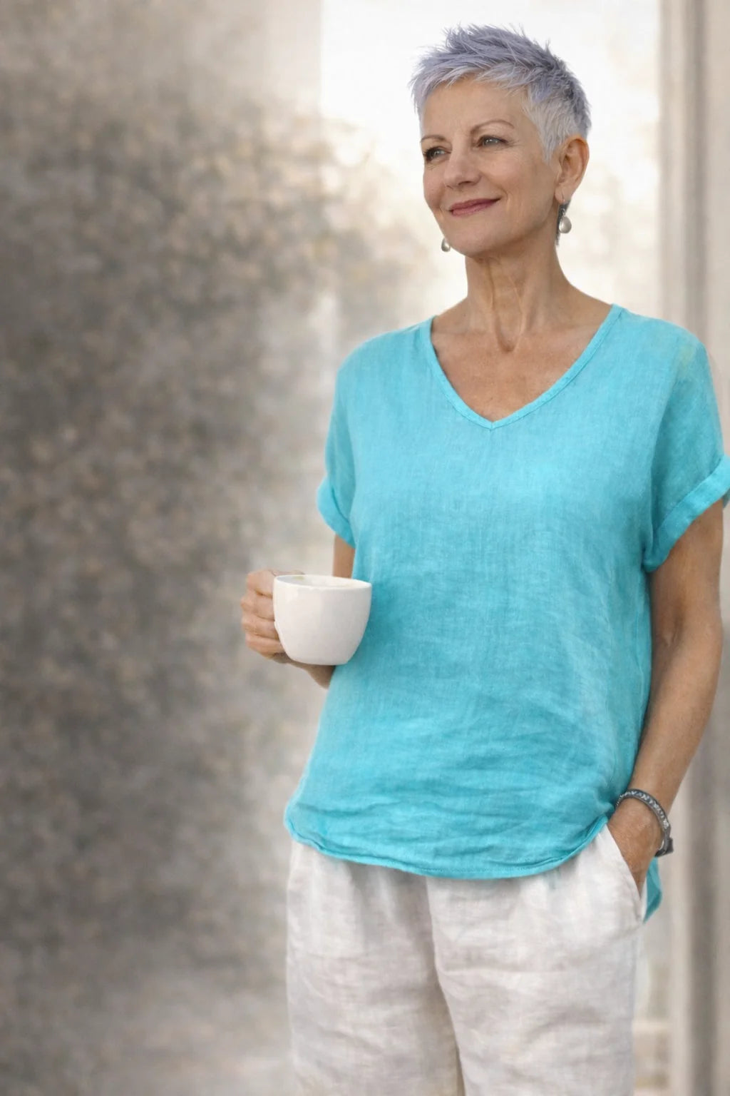 La Strada Linen Cotton V Neck Top