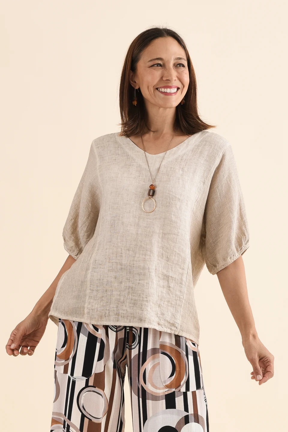 La Strada Linen Cotton Cuff Sleeve Top